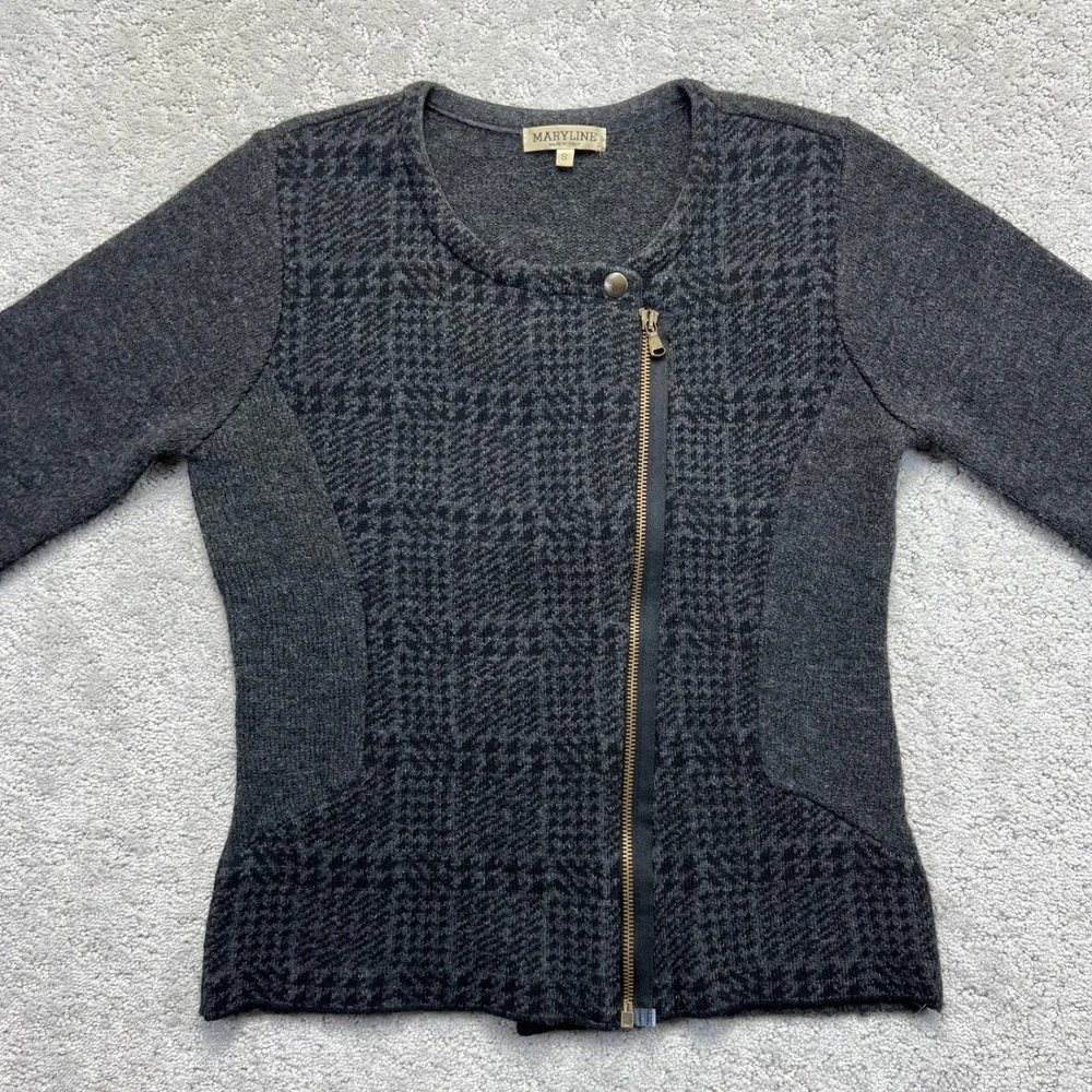 Maryline Cardigan Sweater Womens S Gray Houndstooth Asymmetrical Zip Wool Blend